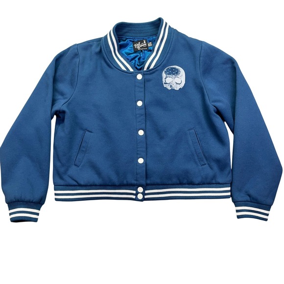 Hell Bunny Skull Bomber Jacket Emo‎ Goth Rockabilly Blue White 2XL Grunge Retro - Picture 1 of 8